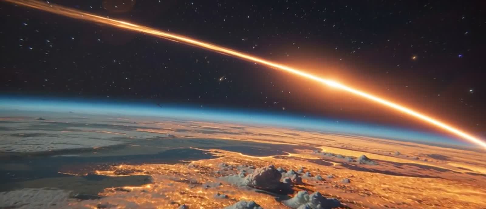 A glowing streak of light over a planet seen from orbit