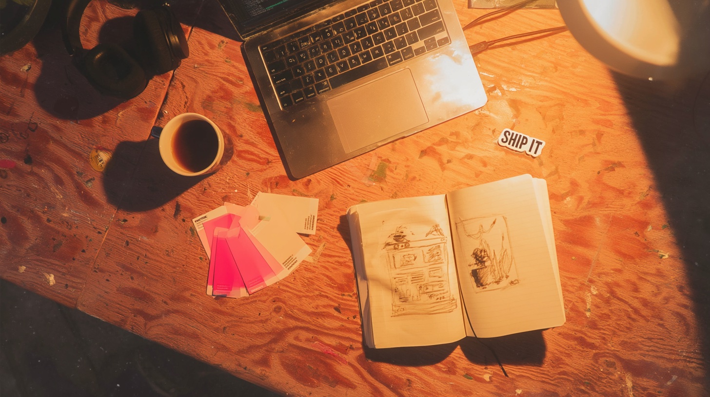 Workbench with laptop, notebook sketches, and Ship It sticker