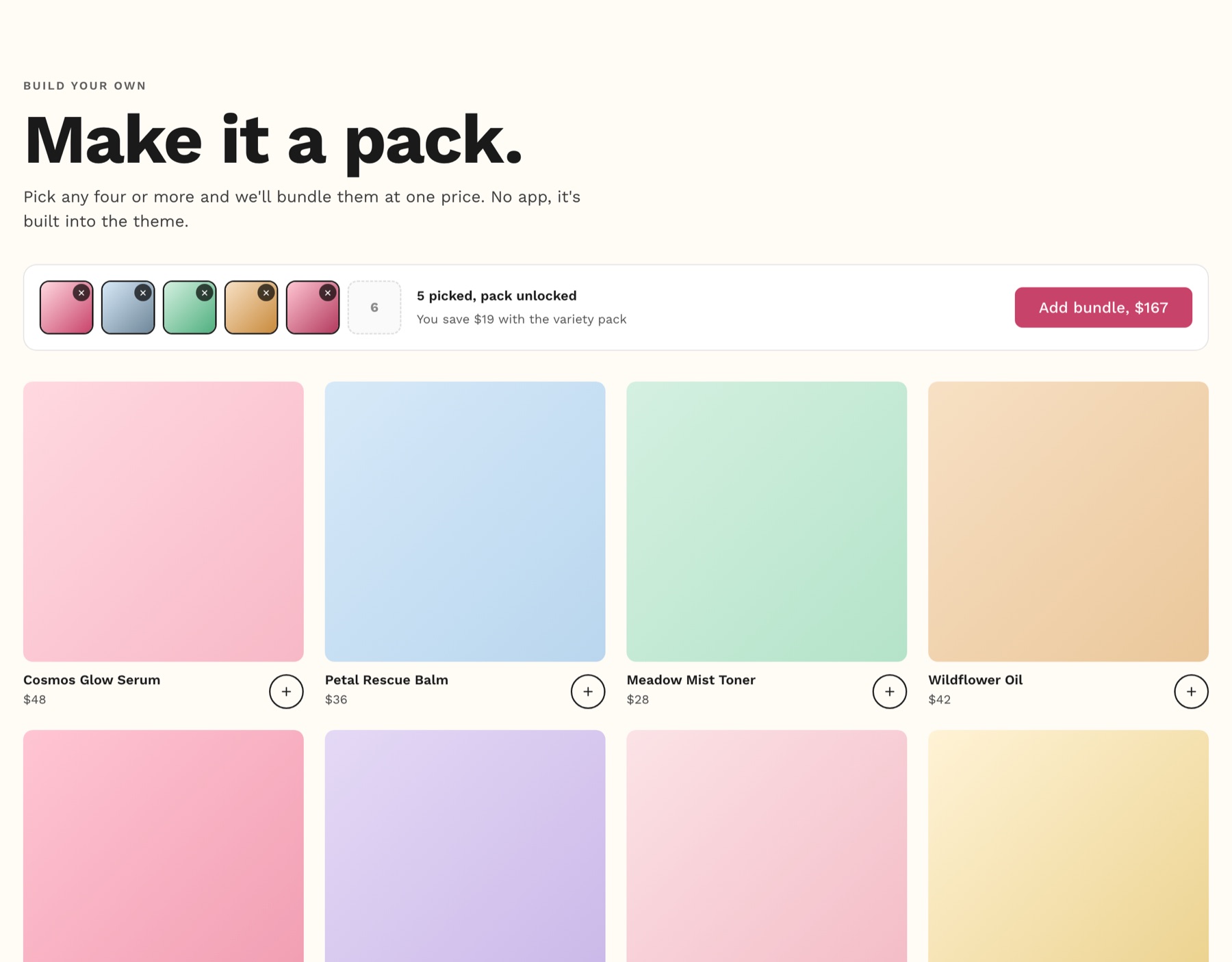 A make-it-a-pack bundle builder with a saving and an add-bundle button
