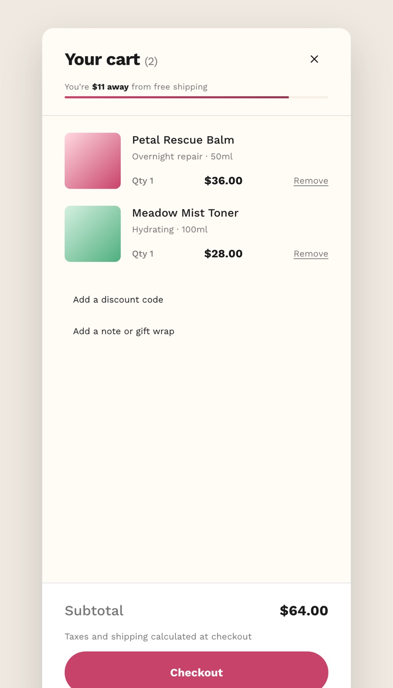 Sherbet cart drawer with a free-shipping progress bar, line items, subtotal and checkout