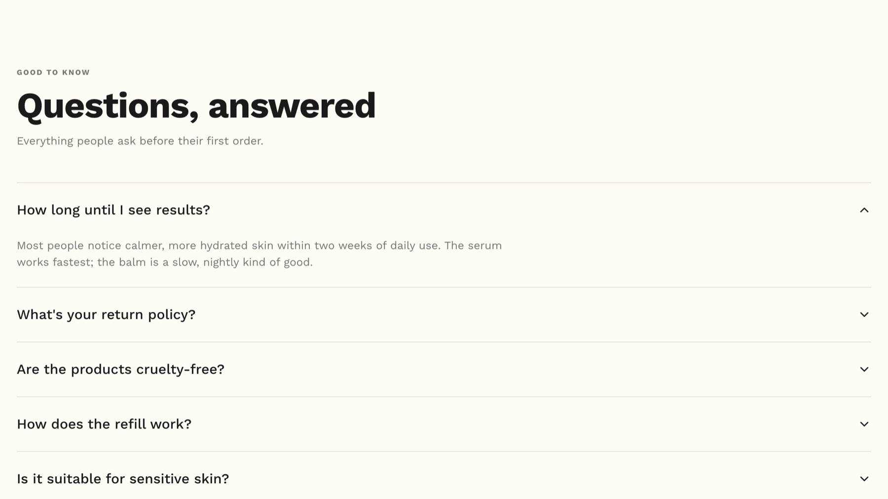 Sherbet FAQ accordion with the first question open