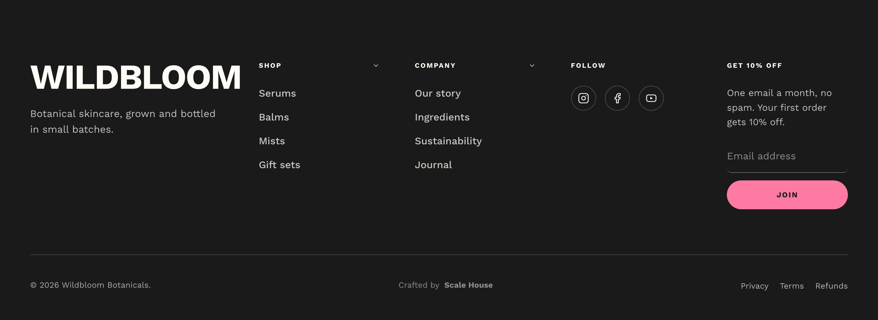 Sherbet footer: brand, menu columns, social icons, newsletter signup and a Crafted by Scale House credit