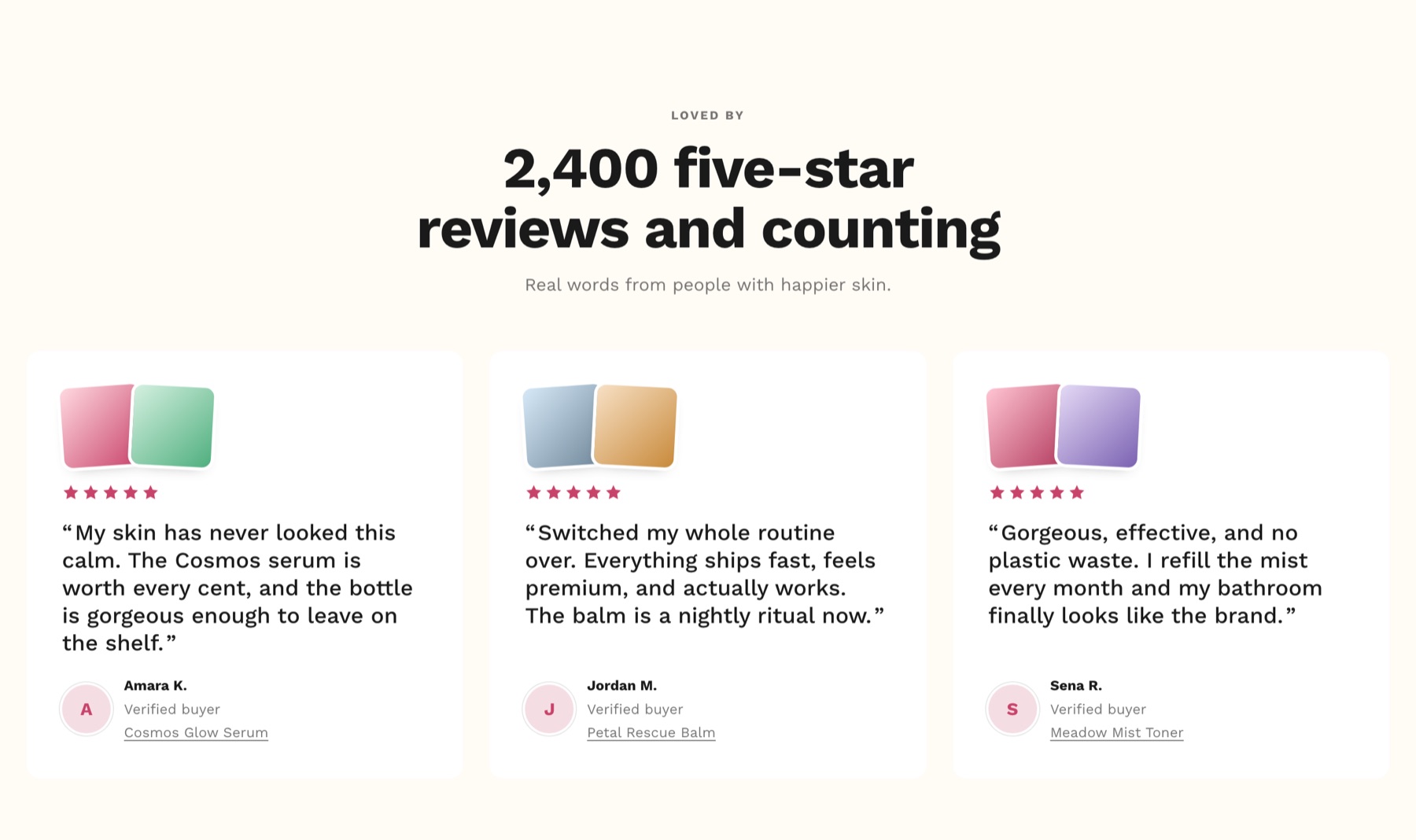 Social proof section with photo tiles, star ratings and verified-buyer tags