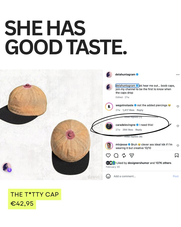Static ad: the cap from above with the price, €42.95, headline 'She has good taste.'